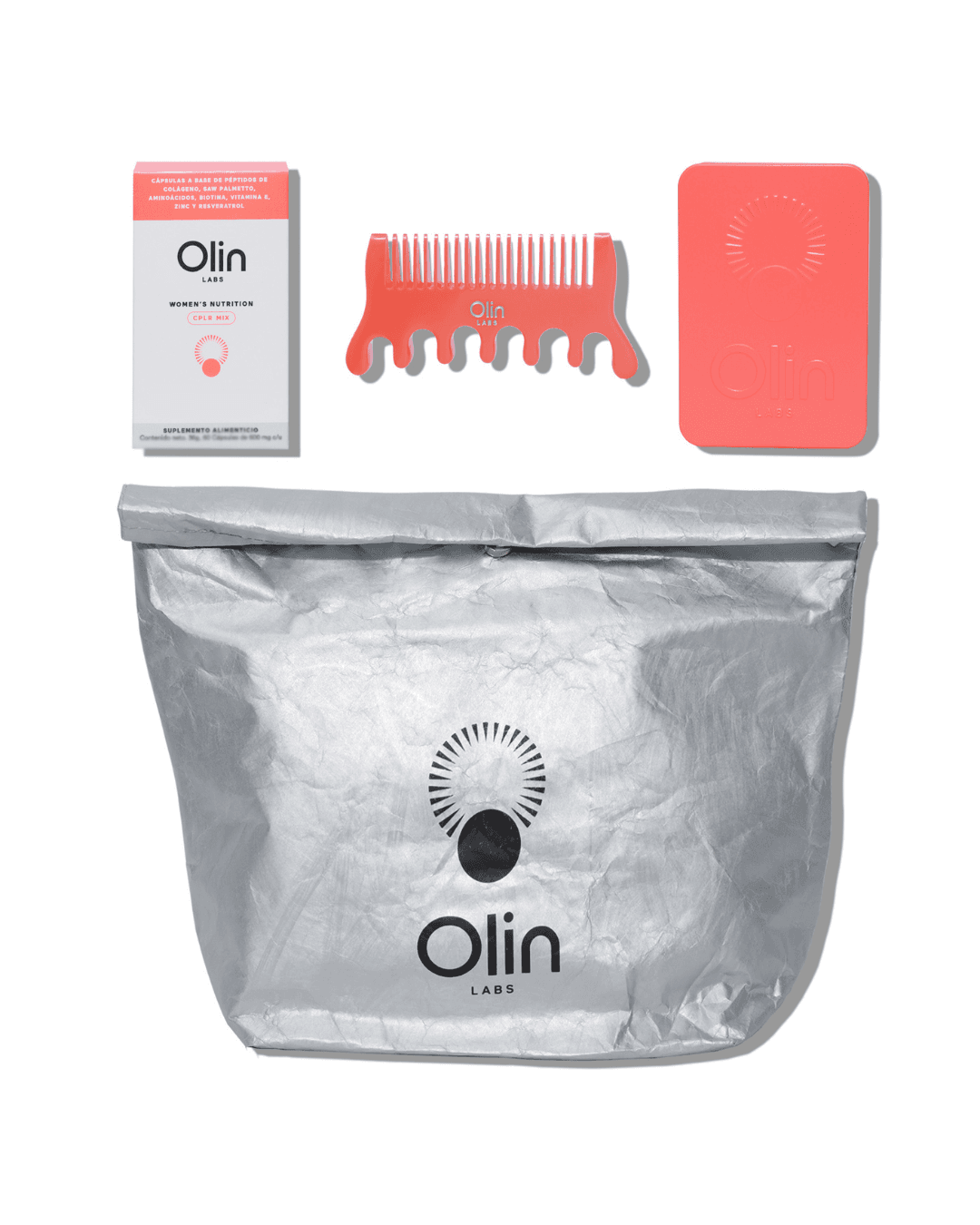 Kit Olin — suplemento, peine masajeador, travel case y bolsa reutilizable